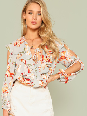 Fashion Floral Print Summer Women Blouse With Ruffle