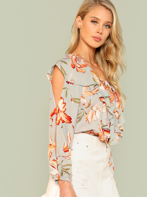 Fashion Floral Print Summer Women Blouse With Ruffle