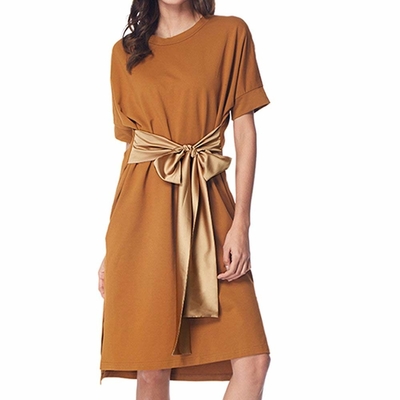 Simple Solid Casual Loose Pocket T Shirt Loose Dress With Belt
