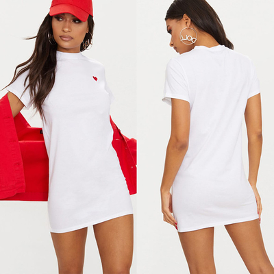 Women Classic Version White Heart Embroidered T Shirt Dress With O Neck