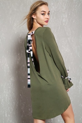 Latest Sexy Olive Tie Sleeve Open Back Tunic Casual Dress For Fashion Women