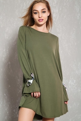 Latest Sexy Olive Tie Sleeve Open Back Tunic Casual Dress For Fashion Women