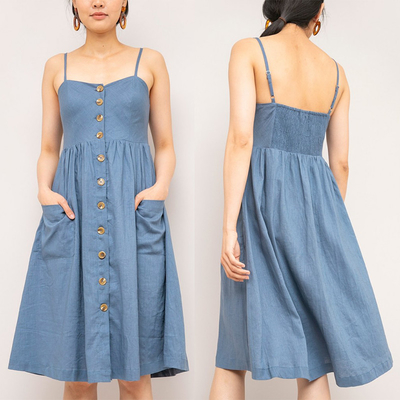 Summer chambray midi linen dress with a fit & flare silhouette and a button up front
