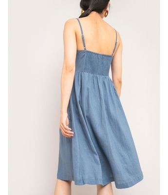 Summer chambray midi linen dress with a fit & flare silhouette and a button up front