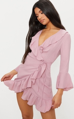 2018 Summer Fashion Women Dusty Pink Frill Tea Dress With Horn Sleeve