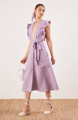 Clothing Fashion Women Ruffle Shoulder Midi Linen Dress Ladies