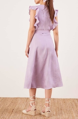 Clothing Fashion Women Ruffle Shoulder Midi Linen Dress Ladies