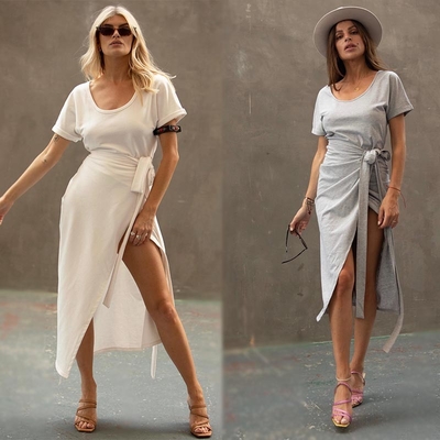 Clothing Fashion Women White T-shirt Wrap Midi Dress with Slit