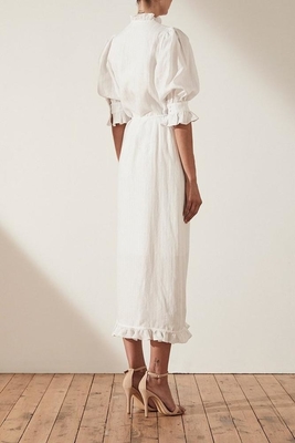 Linen Puff Sleeve Wrap Midi Elegant Dress Cotton Ladies