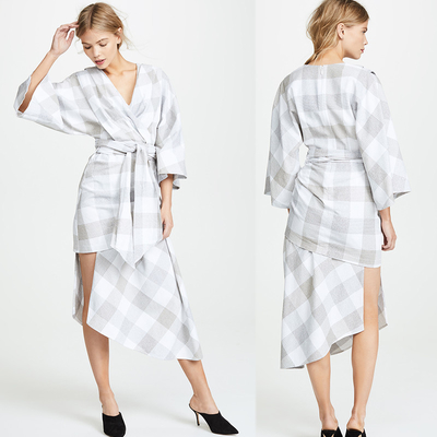 Fall Clothing Plus Size Gingham Kimono Style Wrap Dress For Women