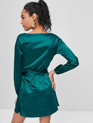 2018 Fashion Fall Clothing Women Satin Wrap Dress Long Sleeve Mini