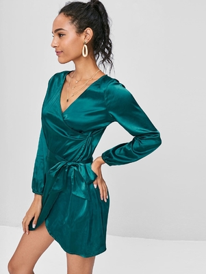2018 Fashion Fall Clothing Women Satin Wrap Dress Long Sleeve Mini