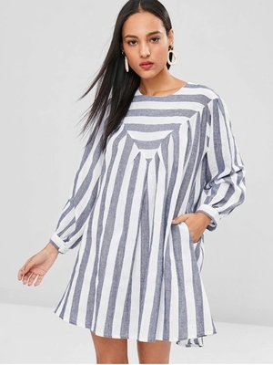Fall Clothing Plus Size Gray Striped XL Tunic Mini Dress For Women