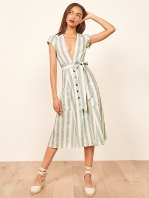 Boho Ladies Sex Linen Stripe Midi Dresses With Pocket Dress for Women