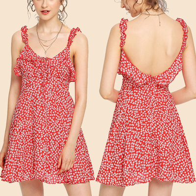 2018 fashion summer ruffle floral red mini backless dress for women