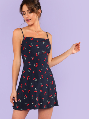 Fashion women's sweet mini slim fit dress with cherry printing