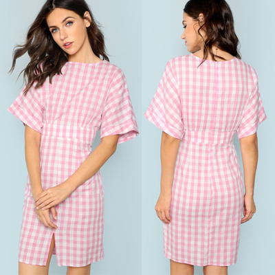 Fall Apparel For Women Rolled Up Sleeve Wide Waistband Plaid Dress