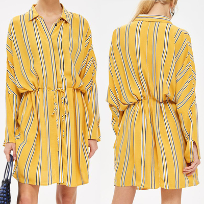 Yellow Stripe Drawstring Ladies Casual Shirt Dress Long Sleeve for Women