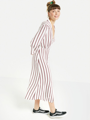 2018 New Arrival Fall Long Sleeve White and Red Striped Zip Front Sex V neck Midi Dress Ladies Autumn