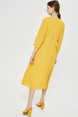 New Arrival Fall Yellow Midi Dress With Sleeves Ladies Autumn