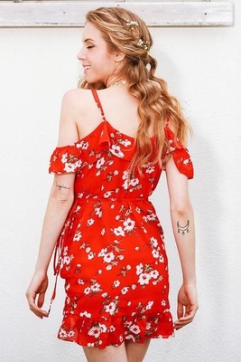 China Clothing Manufacturers Service Womens Slip Custom Red Short Chiffon Flower Dress Mini