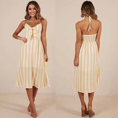 New arrival High Quality Mustard Stripe Beach Dress Summer Women Maxi Dress Ladies Sleeveless