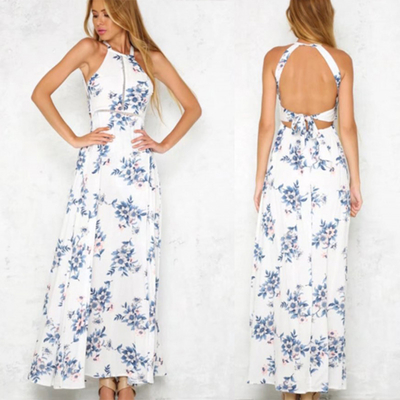 Bohemian Halter Backless Sleeveless Floral Printed Slit Maxi Long Dress for Woman