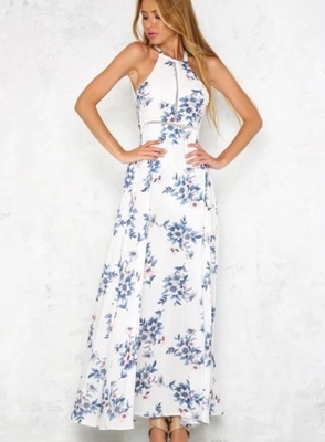 Bohemian Halter Backless Sleeveless Floral Printed Slit Maxi Long Dress for Woman