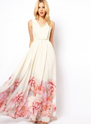 Elegant V Neck Sleeveless Floral Printed Maxi Bohemian Woman Dress