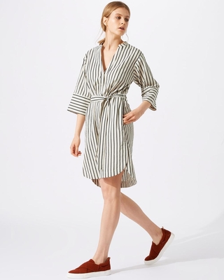 New Design Relaxed Fit Deep V-neckline Stripe Linen Dress for Woman