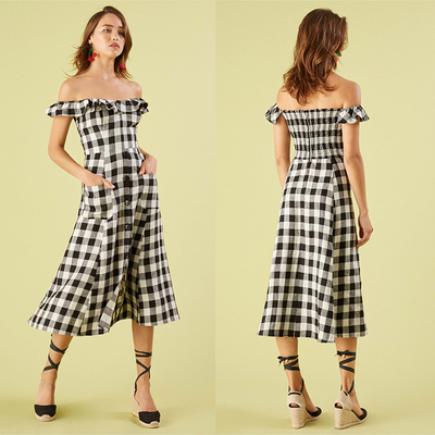 Black and white checked off shoulder dress