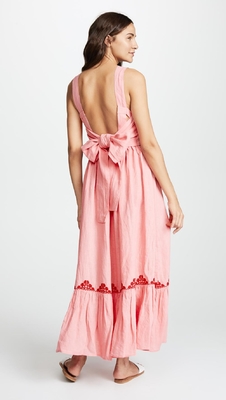 2018 Pink Linen Embroidery Women Maxi Dress Summer