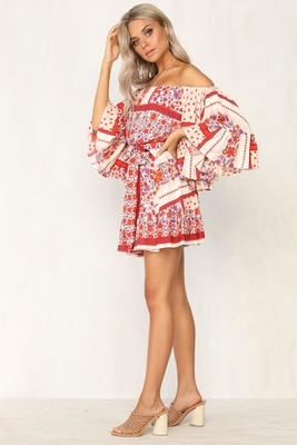 Summer Dresses Women Boho Printed Off Shoulder Mini Dress