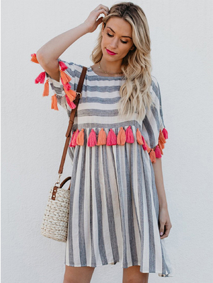 Women Casual Striped Dresses With Color Tassel