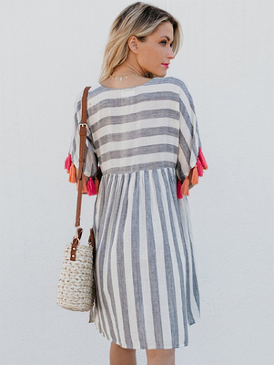Women Casual Striped Dresses With Color Tassel
