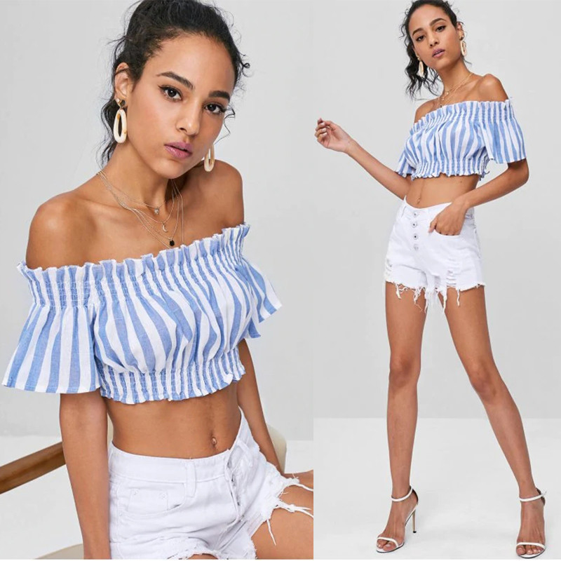 Apparel Womens Striped Off Shoulder Cropped Top