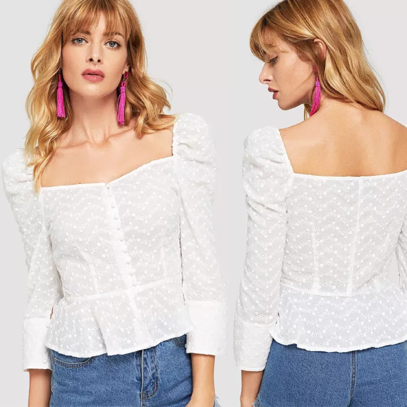Cotton White Embroidered Button Up Puff Sleeve Women Blouses 2018 New Designs