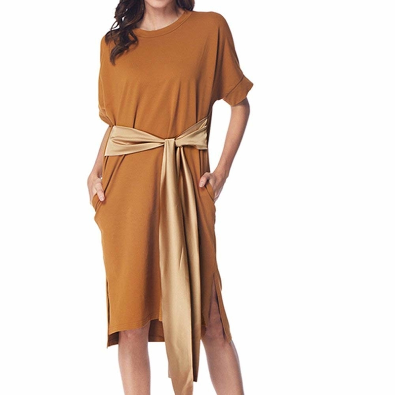 Simple Solid Casual Loose Pocket T Shirt Loose Dress With Belt