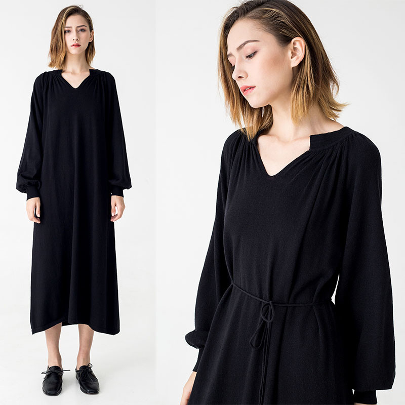 Autumn Women Clothing Black Midi Knit Dress