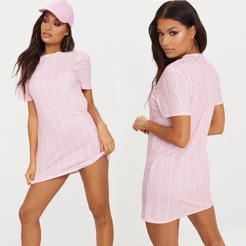 Hot Sale Fashion Pastel Pink Stripe Print T Shirt Dress For Women