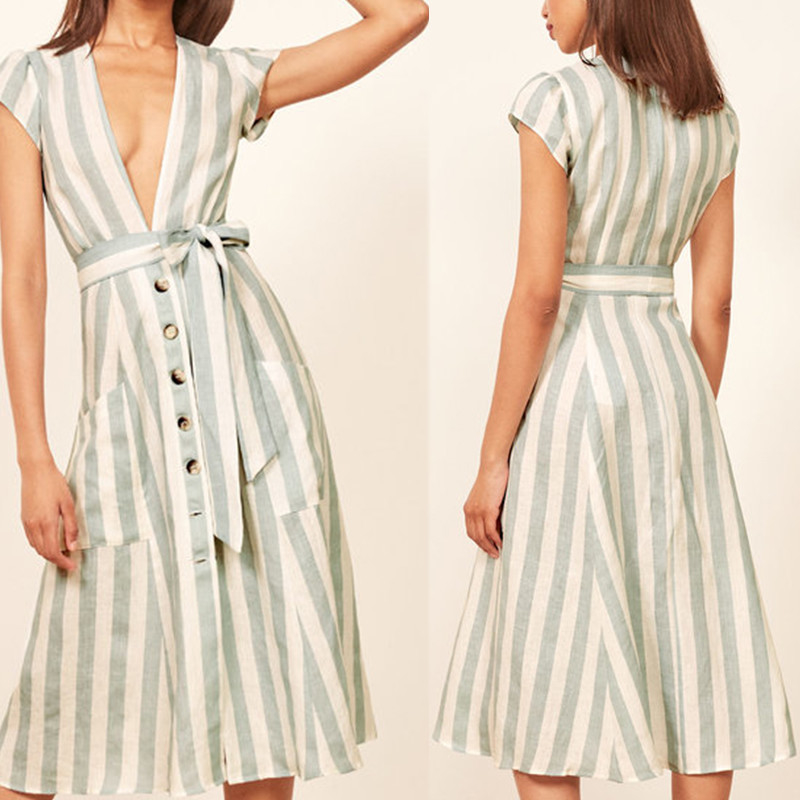 Boho Ladies Sex Linen Stripe Midi Dresses With Pocket Dress for Women
