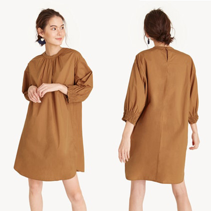 2018 Simple midi smock cuff brown oversize dress for women