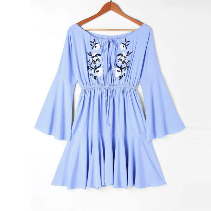 Blue Off Shoulder Mexican Embroidery Beach Casual Dress Women
