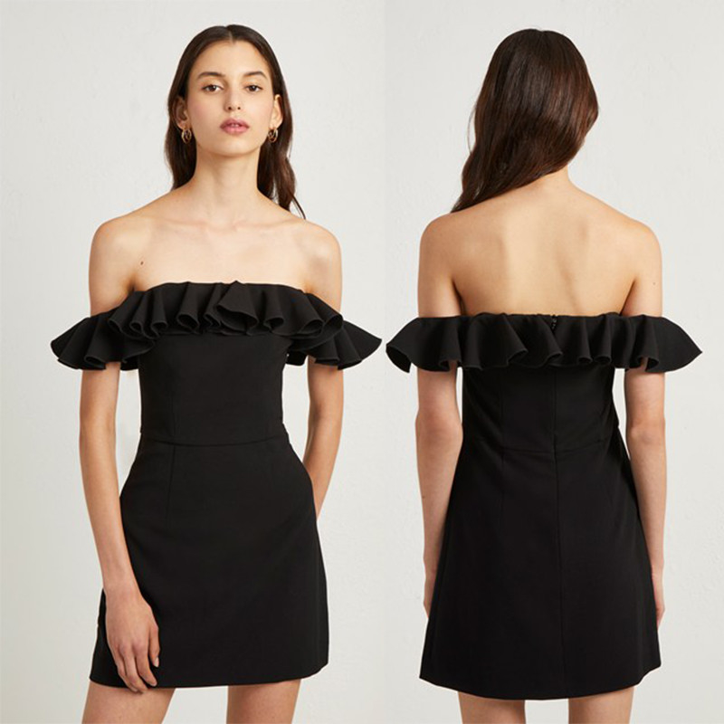 Fashion Black Off Shoulder Dress Sexy Ladies Ruffle