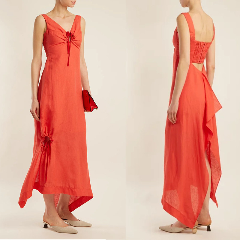 Women Clothing Summer Sleeveless With V neck Linen Maxi Dresses For Ladies