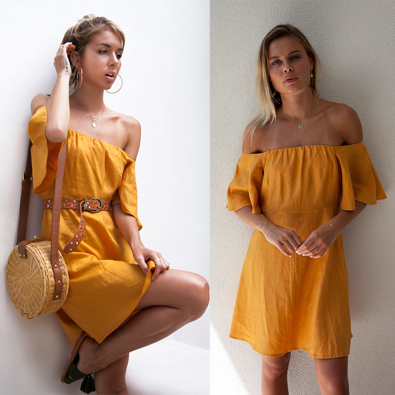 Summer women off shoulder golden dress