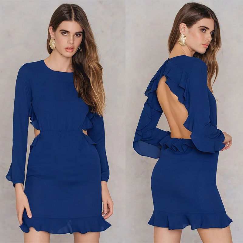 Latest Ruffle Open Back Design Blue Formal Dresses Women