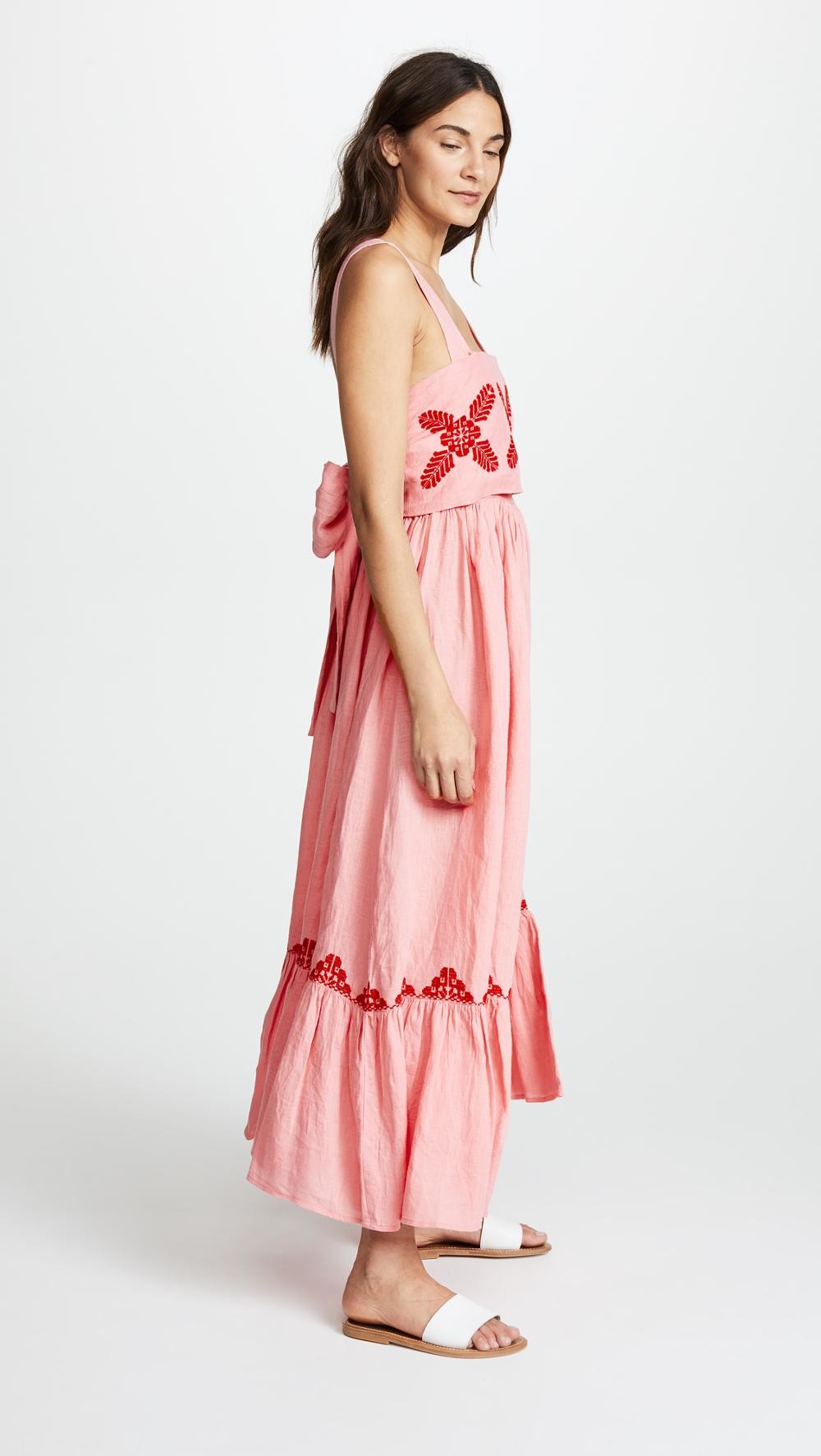 2018 Pink Linen Embroidery Women Maxi Dress Summer